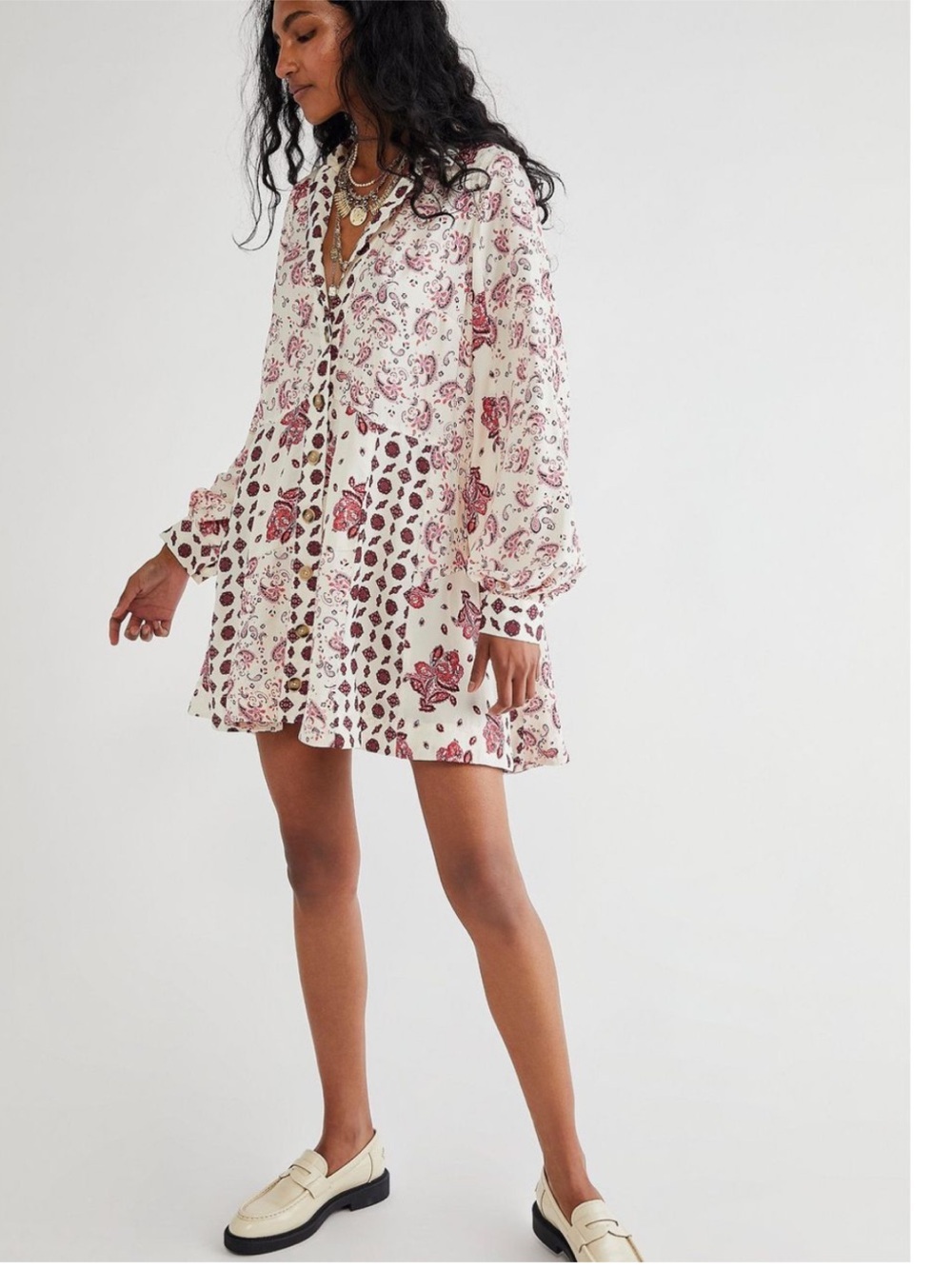 Free People Cream Tunic Dress with Red Paisley Floral Print Sylvie S
